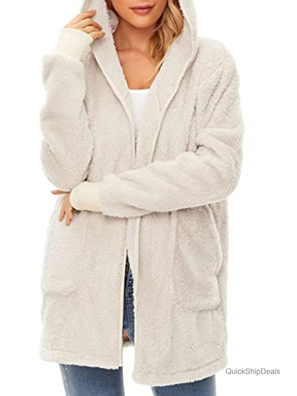 Fleece Hooded Cardigan Loose Fuzzy Open Front Coat with Pockets